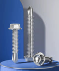Built Like A Tank Number 8 X 1 Inch Hex Washer Head Self Drilling Screws, 250 Pack Of Corrosion Resistant 410 Stainless Steel Tek Screws displayed on blue background.