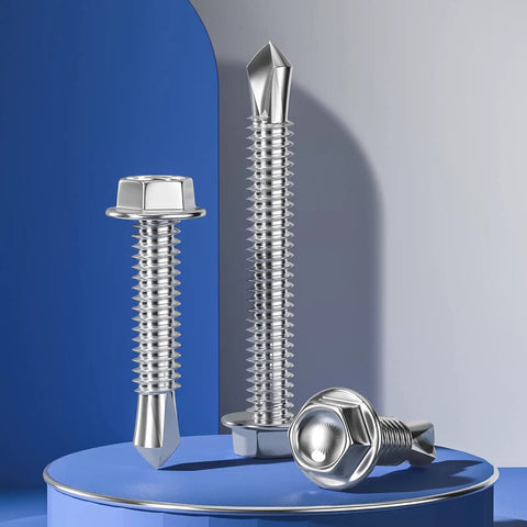 Built Like A Tank Number 8 X 1 Inch Hex Washer Head Self Drilling Screws, 250 Pack Of Corrosion Resistant 410 Stainless Steel Tek Screws displayed on blue background.