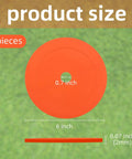 Six Pack Orange Rubber Washers for Low Profile Property Markers, 6-inch size, shown on grass background with dimensions