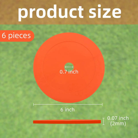Six Pack Orange Rubber Washers for Low Profile Property Markers, 6-inch size, shown on grass background with dimensions