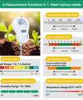 All In One Garden Sensor With Removable Probe For Soil Moisture And PH Testing Plus Fertility, Sunlight Intensity, Temperature And Humidity Readouts For Gardens, Lawns And Farms AAA Battery Included displaying various environmental measurement values