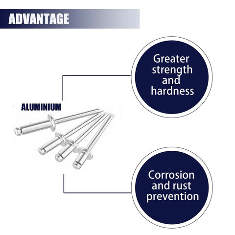 Image of Bulk 1000 Piece Aluminum Blind Rivet Kit With Four Size Options, 1/8 Inch Pop Rivets highlighting strength and corrosion resistance