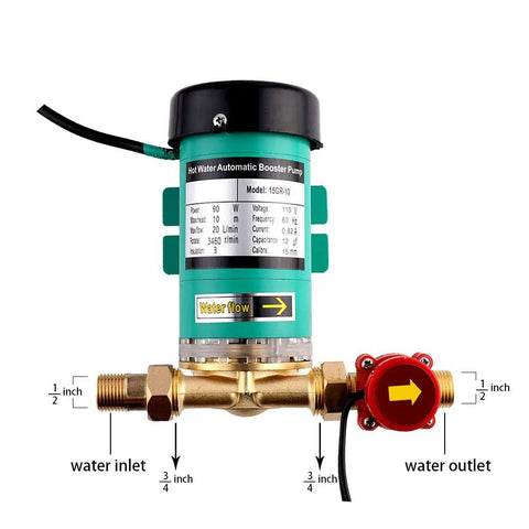 Home Shower Water Pressure Booster Pump 115V 60Hz Three Quarter Inch Outlet 90W Auto Boost Pump With Flow Switch pipes