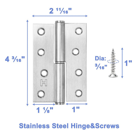 Stainless steel lift-off door hinge, 4-inch, detachable, with mounting screws