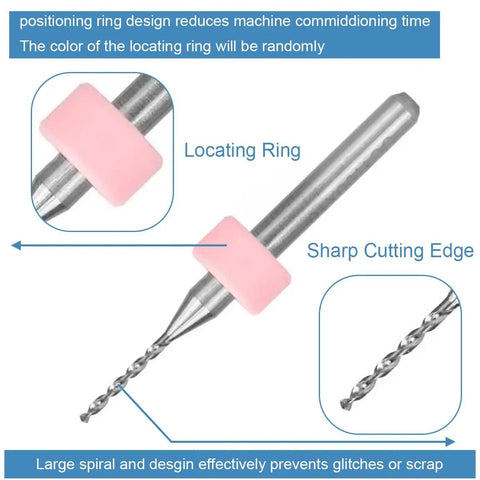 Pro Grade PCB Drill Bits Set 0.3mm To 1.2mm showing tungsten carbide tip with spiral flute and pink locating ring for precision engraving