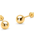 14K Yellow Gold Hollow Ball Stud Earrings With Secure Screw Back For Kids And Baby Girls 5mm Lightweight Hypoallergenic Gold Jewelry That Stays Put And Adds Subtle Shine For Everyday Wear. Front and side view of 5mm 14K gold screw-back ball studs.