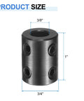 2 Pack Heavy Duty Rigid Shaft Couplings With Three Eighths Inch Bore And Three Quarters Inch Outer Diameter One Inch Length Carbon Steel Black Oxide Finish Includes Hex Wrench For 3D Printers Motors And Wheels, front view with measurements