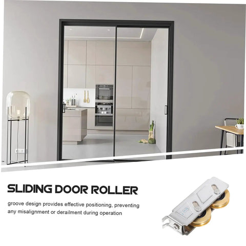 22mm Heavy Duty Sliding Door Roller Wheel With Double Copper Wheels And Stainless Steel Shell For Patio And Closet Doors Replacement Fits 7.9mm Track Easy Install And Smooth Glide shown in modern interior.