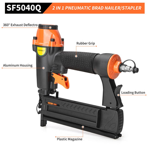 2 In 1 Pneumatic Brad Nailer And Staple Gun with aluminum housing and rubber grip