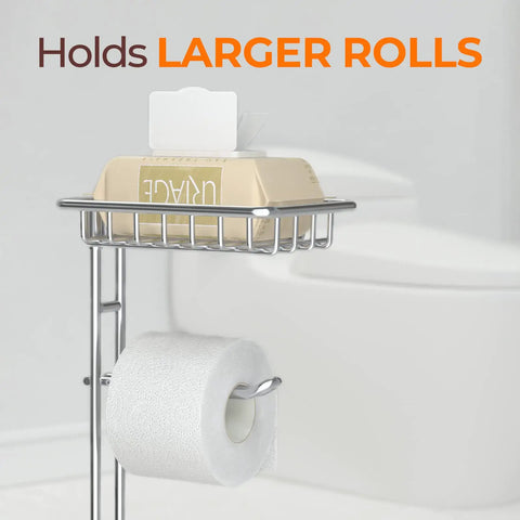 Freestanding Toilet Paper Holder With Shelf For Bathroom Storage Holds Phone Wipes And Mega Rolls In Shiny Chrome with towels over toilet