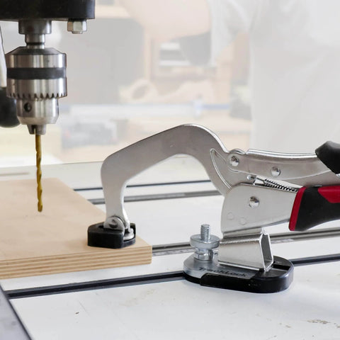 Universal T-Track Clamping System For Woodworking With Non Marring Base clamping wood near drill press