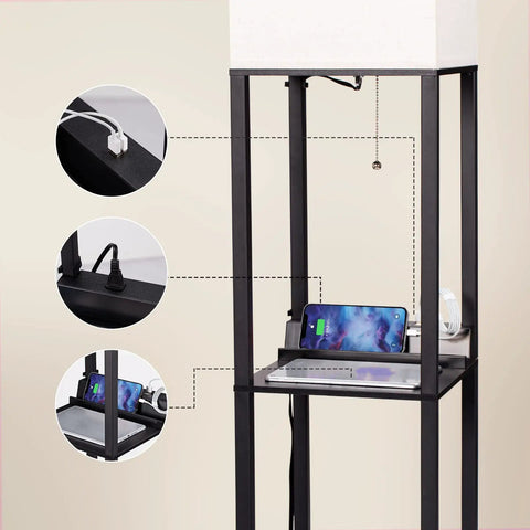 Floor Lamp With Shelves Three Tier Wooden Display Shelves USB Ports And Power Outlet Dimmable LED With 3 Color Temperatures