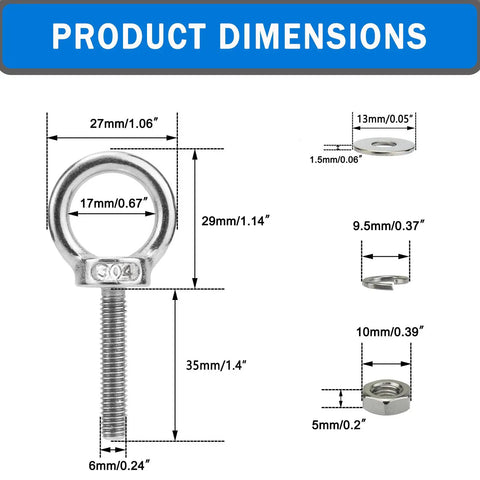5 Pack M8 Stainless Steel Eye Bolts With Hex Nuts Flat And Spring Washers 30mm Heavy Duty Eyebolts Hardware Kit For Outdoor Hanging Tie Down Marine Rigging And Lifting dimensions diagram