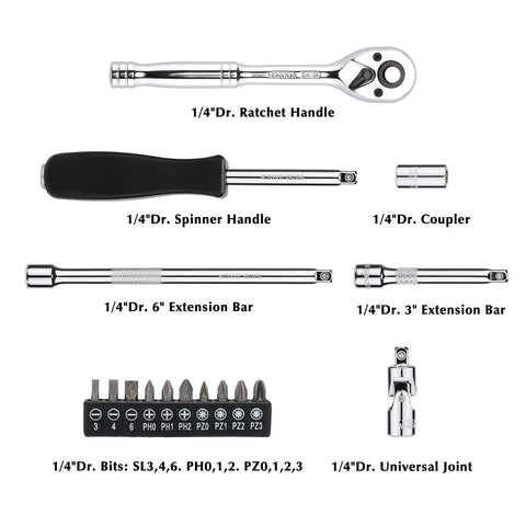 62 Piece One Quarter Inch Drive Master Socket Set With Ratchets CR V Steel SAE And Metric Sockets Bits Extension Bars
