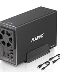 Dual Bay Hard Drive RAID Enclosure With Blazing Fast USB 3.1 10Gbps Speed Supports 2.5 And 3.5 Inch SATA SSD HDD Drives rear view with fan and connections.