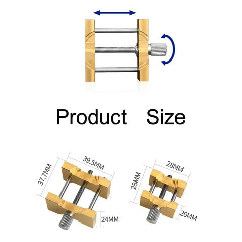 Pro Grade Extensible Brass Watch Movement Holders Set For Precise Repair And Assembly with detailed product size dimensions shown.
