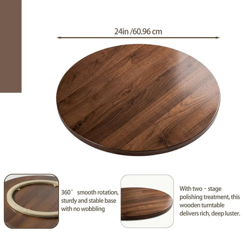 Top Tier 24 Inch Round Lazy Susan With Dead Smooth 360 Spin, Walnut Veneer Table Top Serving Tray, Engineered Wood Kitchen Go To For Hosting Crew, Built Like A Tank Construction, showing smooth rotating walnut surface.