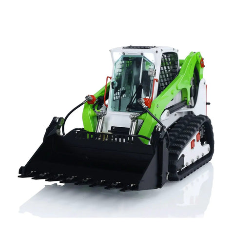 Badass Hella Smooth Large Scale RC Hydraulic Skid Steer Loader Ready To Run Remote Control Crawler Truck in green and black.