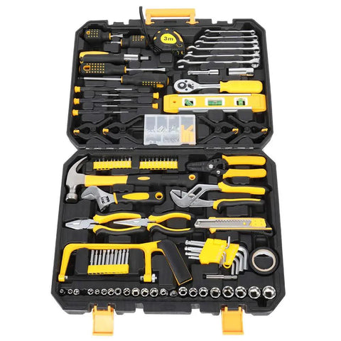 198 Piece Household Tool Kit With Plastic Toolbox, Pro Grade Chrome Finish Tools For Homeowners And DIY Enthusiasts open view.