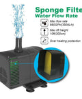 Knifel submersible pump with sponge filter insert, 880 GPH (3500 L/h), 60W, black, for ponds, fountains, hydroponics.