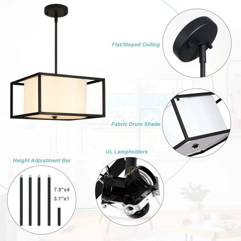 Dope Modern Semi Flush Mount Ceiling Light With Fabric Drum Shade And Black Metal Frame details and adjustable rods