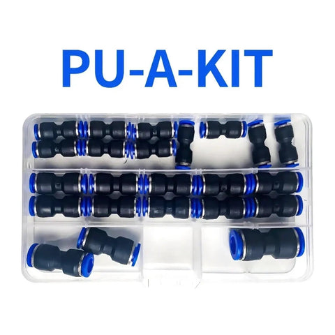 Sweet High Quality Boxed Pneumatic Fitting Kit With Straight Push Plastic Connectors For 4Mm 6Mm 8Mm 10Mm 12Mm Pu Tubes Featuring Ninja Valves 100 Piece C Kit Perfect For Tough Diy Projects And Air Compressor Gear No Dumps In Your Face. Boxed nylon push connectors arranged in tray.