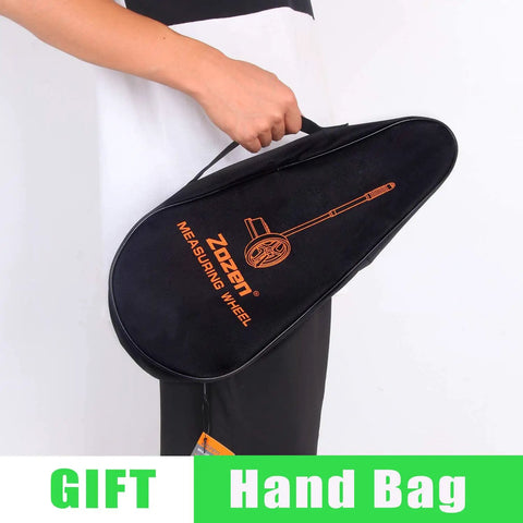 Carrying bag for Six Inch Measuring Wheel With No Fuss One Key Reset Telescopic Mechanical Distance Meter visible in hand.