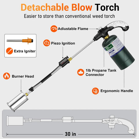 Heavy Duty Propane Weed Torch With 30 Inch Long Arm Flamethrower showing adjustable flame, ergonomic handle and burner head.