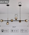 Mid-Century Glass Globe Pendant Light Fixture In Black And Gold, Semi-Flush Ceiling Chandelier showing product dimensions
