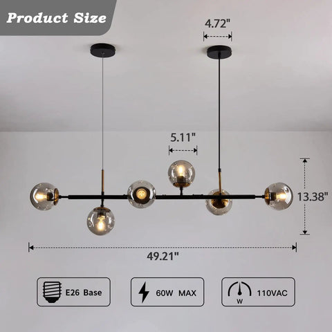 Mid-Century Glass Globe Pendant Light Fixture In Black And Gold, Semi-Flush Ceiling Chandelier showing product dimensions