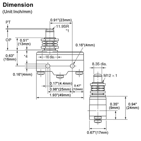 Technical drawing of General Purpose Micro Switch With Panel Mount Plunger, Momentary SPDT 1NO 1NC, dimensions in mm/inches