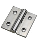 Angled front view of removable stainless steel hinge with two mounting plates and center pin.