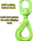 Badass Heavy Duty Swivel Lifting Hook 17637 Lbs Capacity With Spring Loaded Self Lock For Industrial Hoisting And Heavy Cargo Rigging, bright green color with latch lock system.