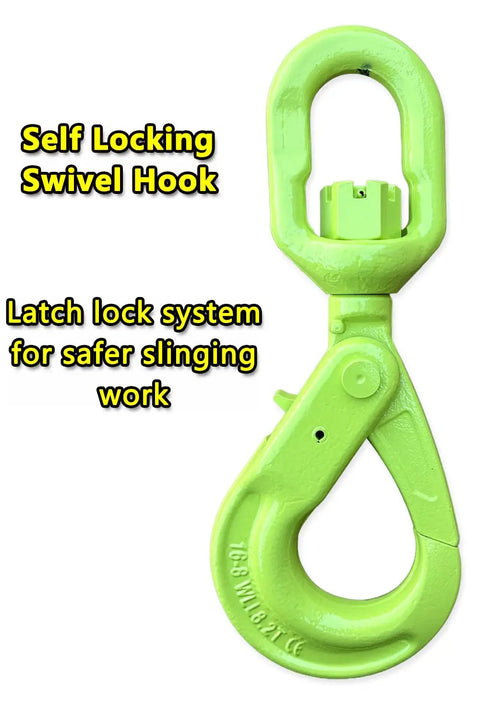 Badass Heavy Duty Swivel Lifting Hook 17637 Lbs Capacity With Spring Loaded Self Lock For Industrial Hoisting And Heavy Cargo Rigging, bright green color with latch lock system.