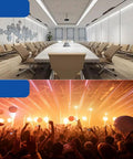 Split image showing a meeting room with chairs and a concert crowd with lights, highlighting sound control needs.
