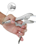 Hand holding 10 Inch Locking Sheet Metal Tool With Adjustable Opening Nickel Plated Pliers For Bending Seaming Tongs And Flat Clamps.