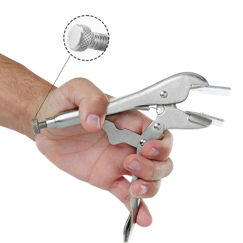 Hand holding 10 Inch Locking Sheet Metal Tool With Adjustable Opening Nickel Plated Pliers For Bending Seaming Tongs And Flat Clamps.
