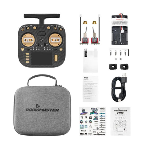 TX15 Max 3.5 Inch IPS Touchscreen ExpressLRS Radio Controller with accessories, dual-band transceiver, and carry case.