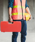 Worker holding a red storage case for Ratcheting Pipe Threader Kit With Six Dies For One Quarter, Three Eighths, One Half, Three Quarters, One, And One And Quarter Inch Pipes, Heavy Duty Threading Tool Set With Durable Storage Case