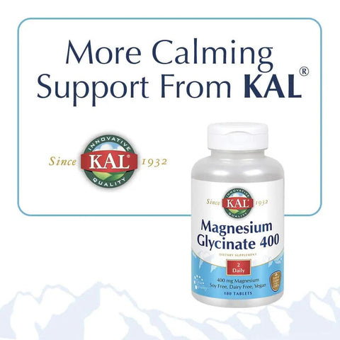Bottle of KAL Magnesium Glycinate 400 dietary supplement with 180 tablets for daily use.