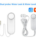 WiFi 2.4G Water Leak And Water Level Detector 2 In 1 Tuya Smart Sensor with dual probes and app alerts, 6.5 ft detection line