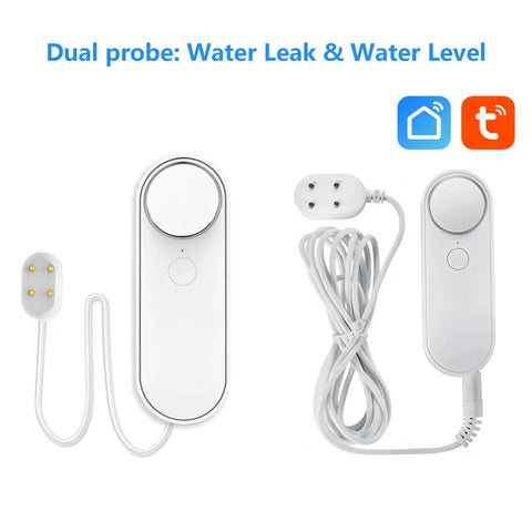 WiFi 2.4G Water Leak And Water Level Detector 2 In 1 Tuya Smart Sensor with dual probes and app alerts, 6.5 ft detection line