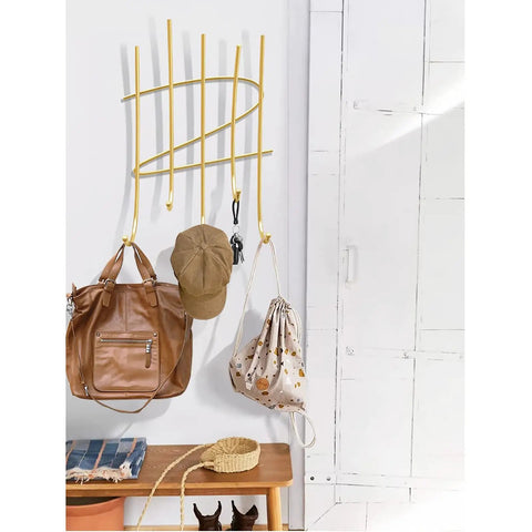 Slick Wall Mount Coat Rack With Sturdy Round Metal Hooks To Hang Your Daily Gear In The Entryway Or Bedroom Closet Without Scratching Jackets No Hassle, showcasing brown bag and hats.