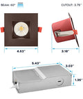 12 Pack 4 Inch Square Led Recessed Light Fixtures With Solid J Box 5 Cct Tunable 2 Hour Fire Rated 15W 1000 Lumen Fully Dimmable Ic Wet Rated Etl Bronze Trim showing dimensions and components.