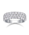 Top Shelf Moissanite Grid Pattern Engagement Ring Platinum Plated 925 Sterling Silver with round cut stones viewed from the side.
