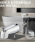 Slip On Tub Spout With Diverter For Five Inch Tub Chrome Finish Fits One Half Inch Copper Pipe And Five Eighth Inch Diameter Easy Pull Up Install Works With American Standard Tub Spout shown with installation diagram and bathtub.