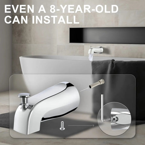 Slip On Tub Spout With Diverter For Five Inch Tub Chrome Finish Fits One Half Inch Copper Pipe And Five Eighth Inch Diameter Easy Pull Up Install Works With American Standard Tub Spout shown with installation diagram and bathtub.