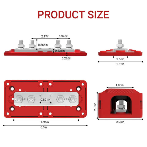 Kickass Heavy Duty 450A 48V DC Bus Bar Kit Two Pack Positive And Negative Power Distribution Blocks dimensions and design details