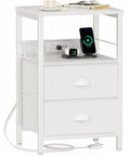 White End Table With Built In Charging Station And USB Ports Nightstand With Outlets Storage Shelf Fabric Drawers Hooks