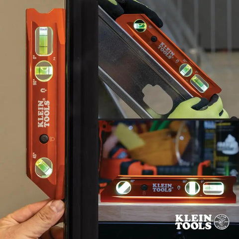 9 Inch Lighted Torpedo Level With Bright LED Vials And Powerful Magnetic Track in use showing 0 45 90 degree readings